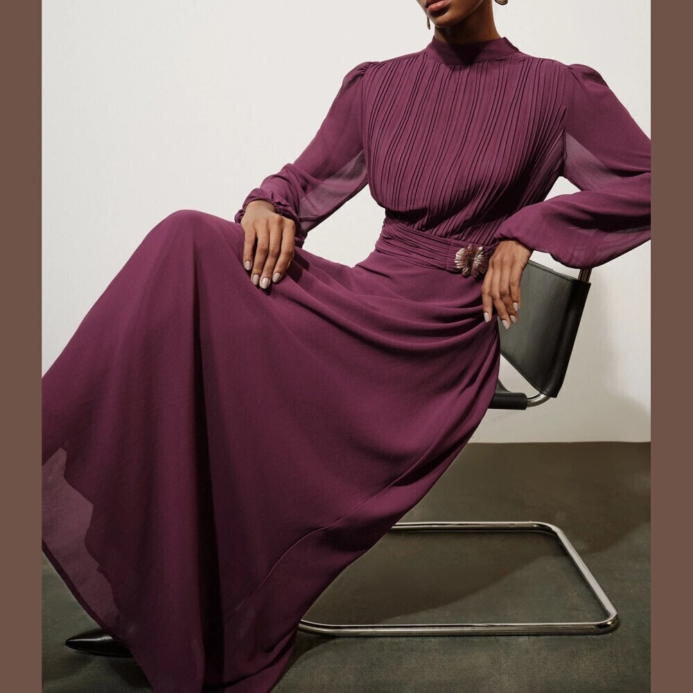 Plum Purple Pleated Stand Collar Long Sleeve Maxi Dress